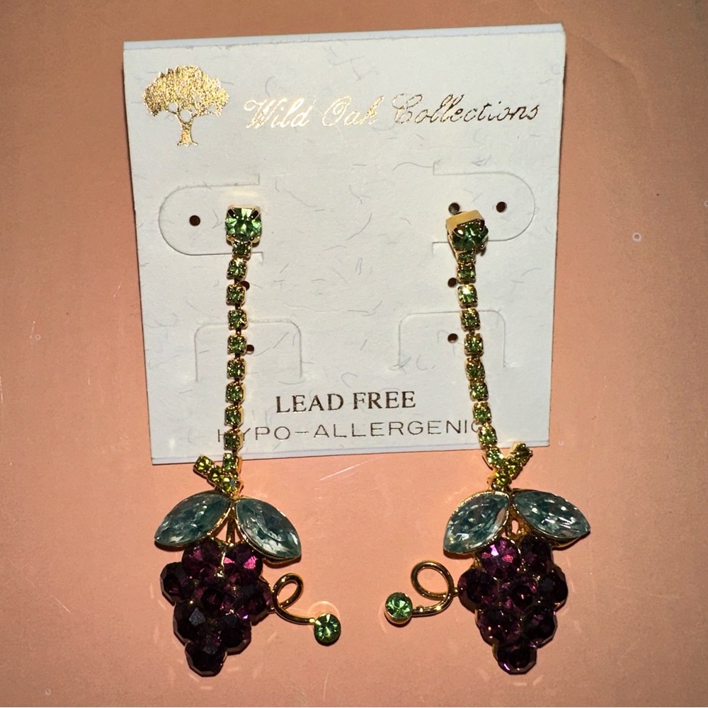 Hypoallergenic Rhinestone Drop Earrings for Wine Grape Lovers